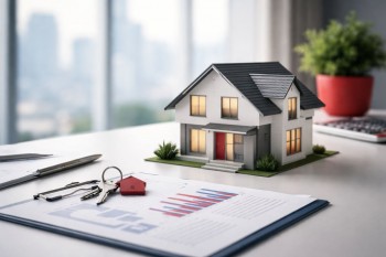 Ilustrasi minimalis properti dan dokumen analisis untuk membahas prospek nilai jual ulang berdasarkan indikator lingkungan mikro.