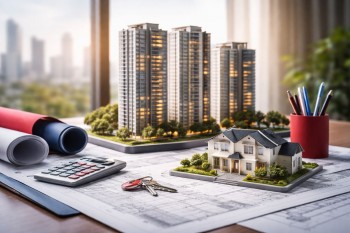 Ilustrasi properti minimalis untuk artikel perbandingan median harga per meter di Bandung, Bekasi, dan Karawang.