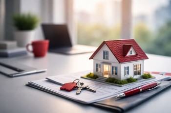 Ilustrasi minimalist rumah dan dokumen listing menggambarkan kecepatan penjualan rumah rata-rata dan estimasi hari listing terjual di kawasan favorit pembeli pertama.