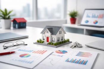 Ilustrasi properti dan lembar analisis yang menampilkan faktor nilai jual ulang berdasarkan perbandingan data 2019–2026