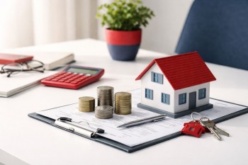 Ilustrasi biaya transaksi jual beli rumah tanpa KPR: dokumen, kalkulator, kunci rumah, dan tumpukan koin sebagai simbol pajak serta notaris