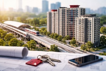 Ilustrasi ultra-realistic hunian modern dekat stasiun transportasi massal yang menonjolkan efek kedekatan transportasi massal terhadap harga jual dan kecepatan transaksi