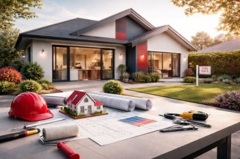 Eksterior rumah modern pasca-renovasi dengan perlengkapan renovasi di meja, menggambarkan dampak renovasi terhadap harga jual kembali.