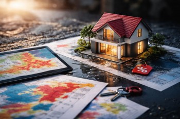 Ilustrasi peta risiko banjir dan longsor 2026 yang menampilkan dampak risiko bencana terhadap harga properti dan potensi diskon di wilayah rawan.