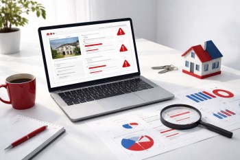 Audit kesalahan data halaman listing pada listing properti—indikator peringatan, grafik performa, dan pengecekan konsistensi informasi