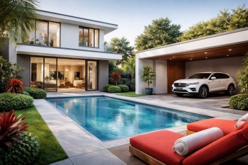 Foto rumah minimalis modern dengan kolam renang, carport, dan taman—ilustrasi pengaruh fasilitas pada harga rumah.