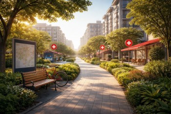 Ilustrasi lingkungan hunian minimalis dengan jalur pejalan kaki nyaman yang menghubungkan fasilitas publik dalam jarak 800 meter (walkability layanan publik hunian).