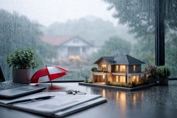 Cuaca ekstrem mempengaruhi transaksi properti saat musim hujan 2026 di Jawa Barat, ilustrasi rumah dan suasana hujan