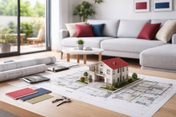 Ilustrasi denah efisien keluarga muda dengan tata ruang minimalis, zonasi jelas, dan fokus pemanfaatan ruang multifungsi