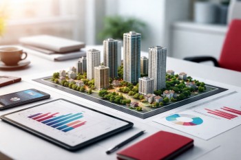 Ilustrasi kawasan properti modern yang merepresentasikan pertumbuhan harga tercepat kuartal di sepuluh kecamatan dengan tren positif dan proyeksi 2026.