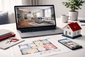 Ilustrasi bukti data meningkatkan minat melalui foto properti, denah rumah, dan tur video dalam konsep pemasaran real estate profesional.