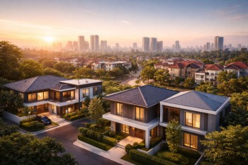 Ilustrasi kawasan residensial modern sebagai representasi wilayah paling dicari rumah akhir 2025 dengan latar kota metropolitan dan pertumbuhan harga properti.
