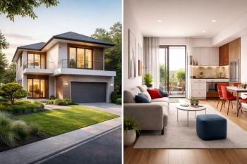 Ilustrasi perbandingan ukuran rumah paling diminati di Indonesia antara hunian tapak 90–150 m² dan apartemen 20–60 m² dengan desain modern minimalis.