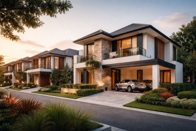 Ilustrasi kawasan perumahan modern sebagai representasi pertumbuhan inventori rumah menengah atas di segmen harga Rp1,5–3 miliar.