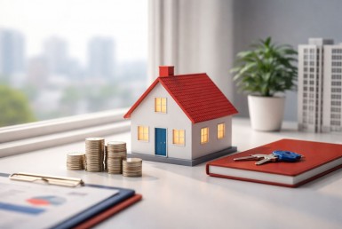 Ilustrasi indeks keterjangkauan hunian Indonesia: miniatur rumah, tumpukan koin, dan kunci sebagai simbol rasio aman beli rumah tunai