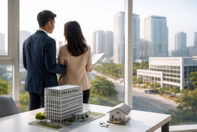 Ilustrasi beli atau sewa properti komersial untuk strategi bisnis dan investasi properti