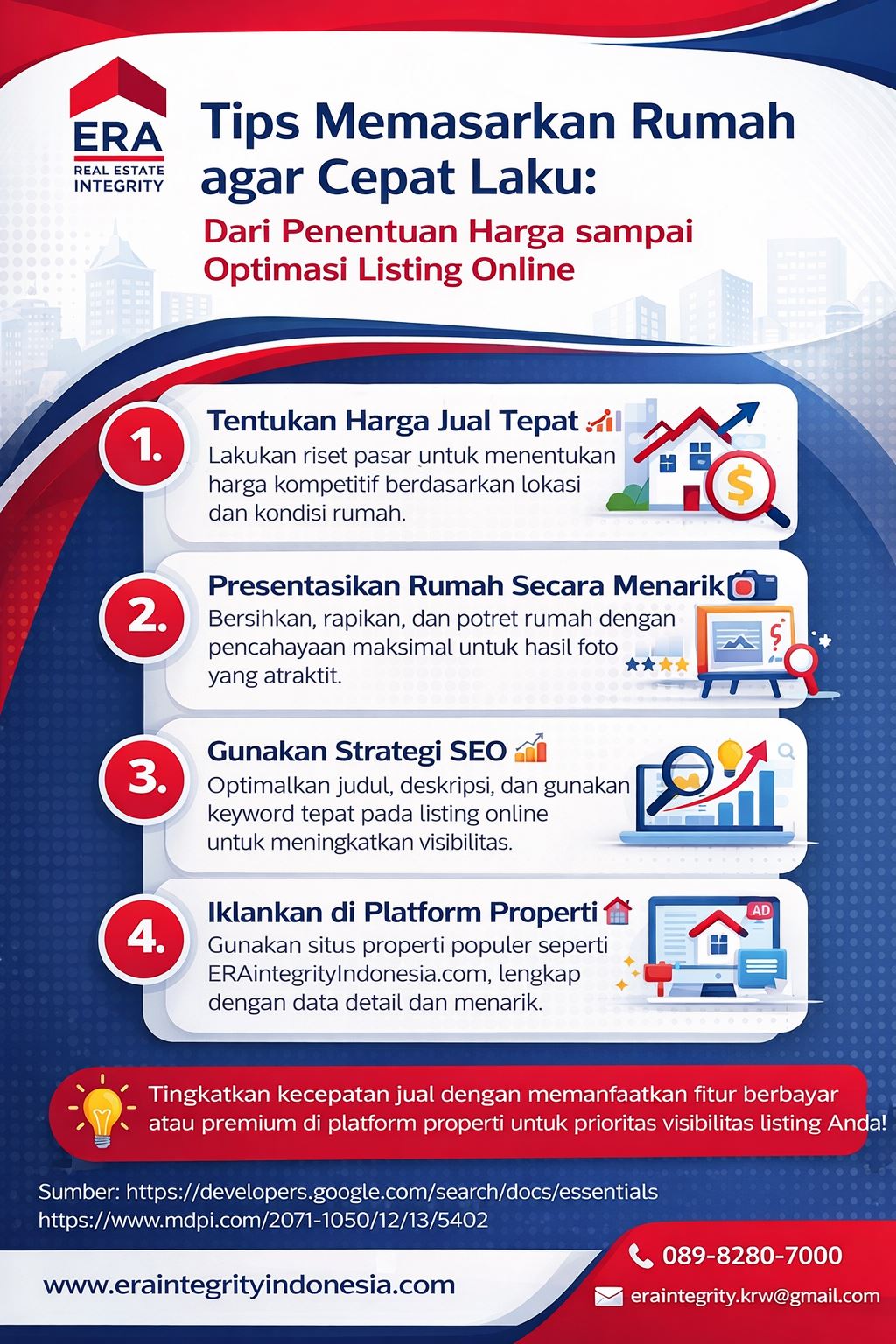 Infografis tips memasarkan rumah cepat laku dengan panduan harga jual, promosi properti, dan optimasi listing online