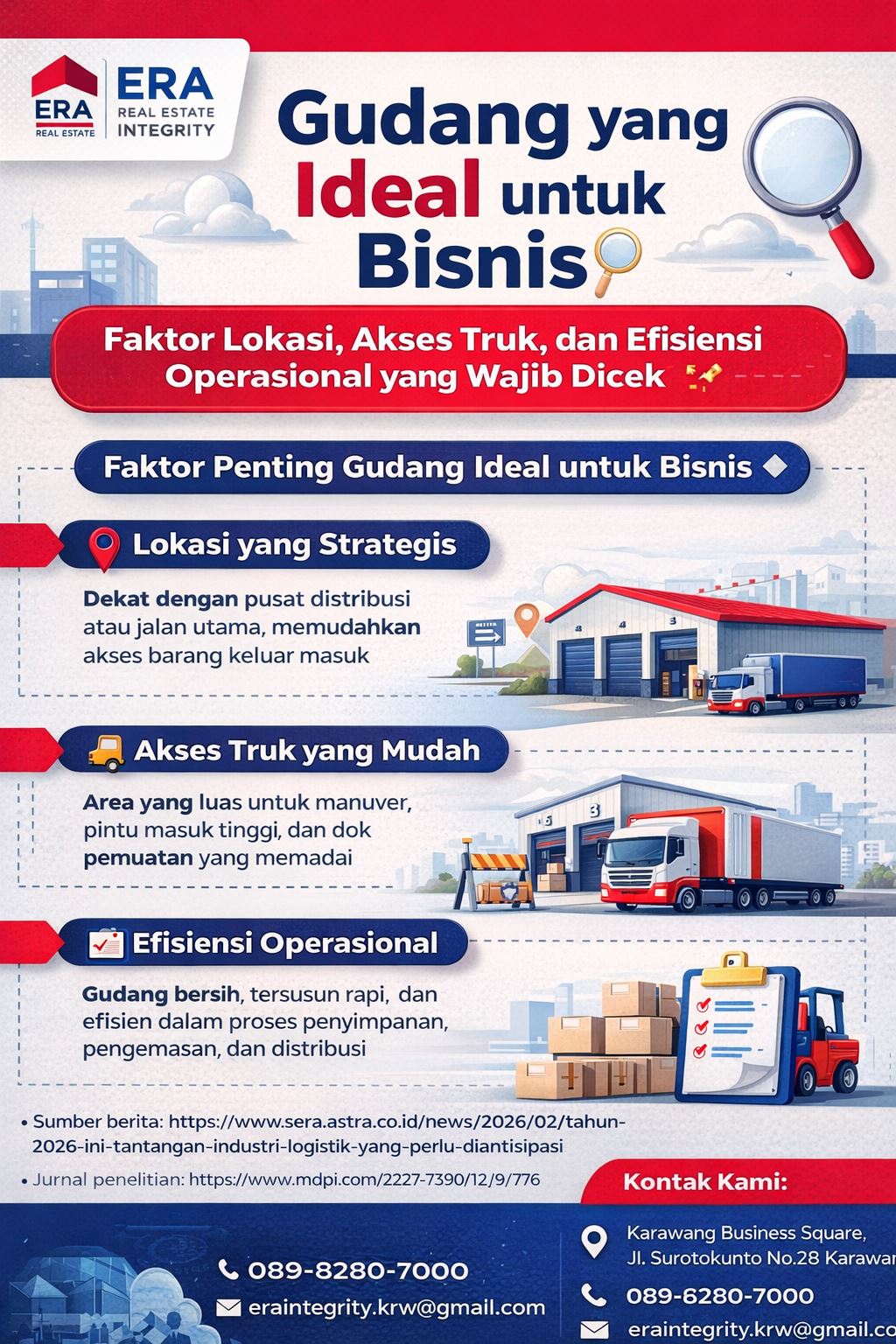 Infografis gudang ideal untuk bisnis dengan lokasi strategis, akses truk mudah, dan efisiensi operasional