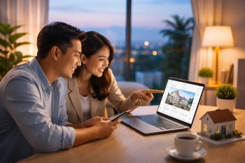 Ilustrasi jam ramai cari properti online pada golden hour pencarian listing