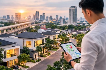 Ilustrasi ciri kawasan naik nilai properti dengan infrastruktur modern dan area hunian berkembang