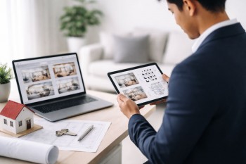 Ilustrasi listing properti foto lengkap dengan denah rumah dan deskripsi detail untuk menarik pembeli