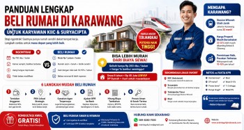 Infografis panduan beli rumah Karawang untuk karyawan pabrik lengkap dengan tips KPR, perbandingan biaya, dan rekomendasi lokasi strategis