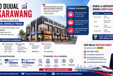 Infografis ruko dijual di Karawang dengan ilustrasi lokasi strategis, potensi ROI tinggi, dan peluang investasi properti komersial