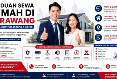 Infografis sewa rumah ekspatriat Karawang dengan fasilitas lengkap, lokasi strategis, dan hunian modern untuk Jepang dan Korea