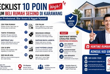 Infografis checklist beli rumah second di Karawang dengan tips legalitas, kondisi rumah, dan panduan aman dari agen properti profesional